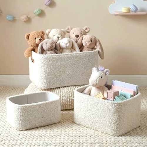 Boucle Nursery Storage Baskets Set of 3, Decorative Nesting Fabric Bins for Shelves, Changing Tables, Dressers and Closets, Baby Toys, Diapers, Clothes, Books, Blankets, Beige