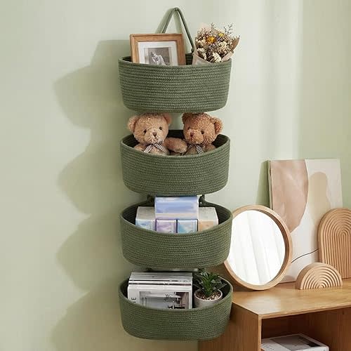Mifoci 4 Tier Sage Green Over the Door Hanging Basket, 51" Cotton Rope Organizer with Hooks, Boho Wall Mounted Storage Organizer with Hooks for Bedroom Nursery Bathroom Apartments Dorm Pantry Decor