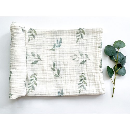 Green Leaves Bamboo Muslin Swaddle Blanket, Newborn Swaddle, Leaf Swaddle, Baby Swaddle