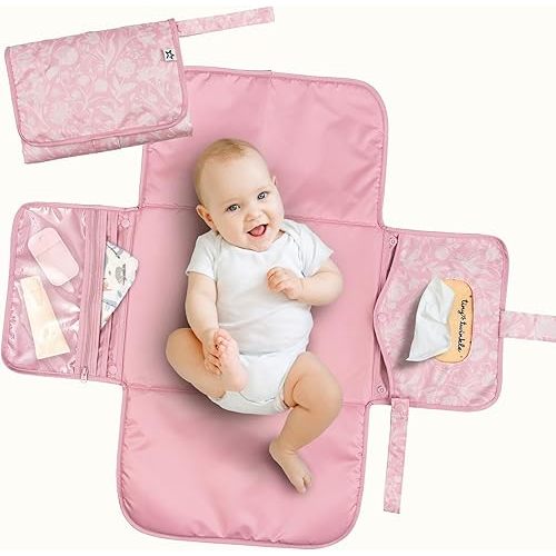 Tiny Twinkle Portable Diaper Changing Pad | Foldable, Waterproof & Compact Travel Changing Mat with Storage | Smart Wipes Pocket for On-The-Go Parents | Newborn Shower Gift (Toile)
