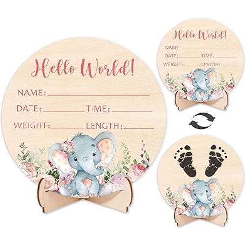 Double-Sided Wooden Newborn Birth Sign, Pink Elephant Baby Announcement Sign, Elephant Hello World Name Sign for Hospital, Gift for New Mom Baby Shower, Photography Prop