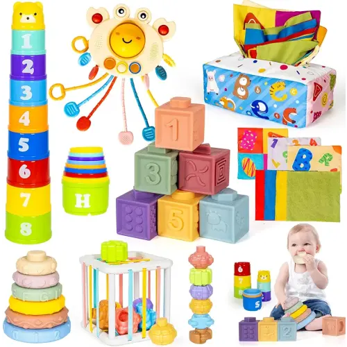 6 in 1 Montessori Toys for Babies 6–12 Months Stacking Block Soft Infant Ring Shape Learning Sensory Bin Pull String Teething Toy Tissue Box for Toddlers 1 2 3 Year Old Boy Girl Gift