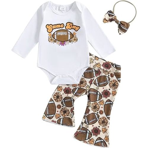 SAYOO Newborn Baby Girl Football Outfit Letter Print Romper Rugby Bell Bottom Pants Bows Fall Coming Home Flare Outfit