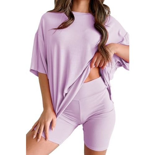 Womens 2 Piece Lounge Set 2025 Summer Travel Outfit Casual Short Sleeve Oversized Tshirts & Biker Shorts