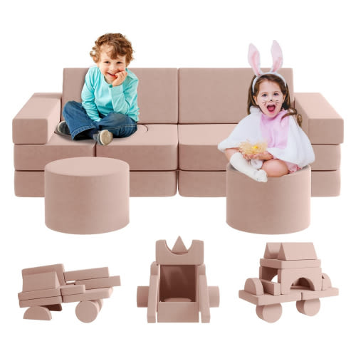 13Pcs Kids Couch, Wanan Toddler Couch Kids Sofa Couch, Kids Fold Out Couch for Playroom Bedroom, Modular Couch for Boys and Girls, Play Couch Sofa for Kids, Pink