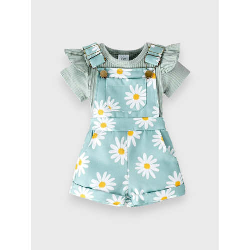2 Pc Baby Girl Daisy Overall Shorts with Bodysuit