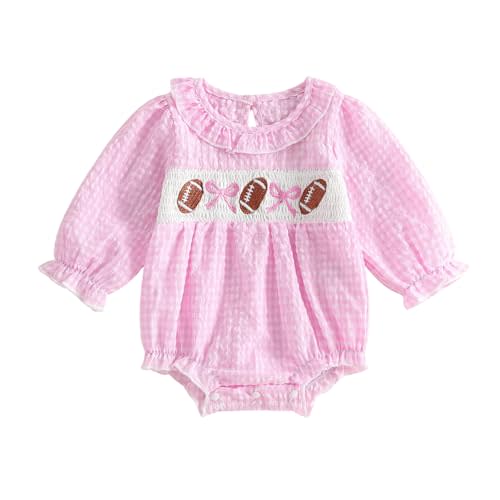 Kuriozud Newborn Baby Girl Football Outfit Smocked Ruffle Romper Jumpsuit Cute Baby Girl Clothes