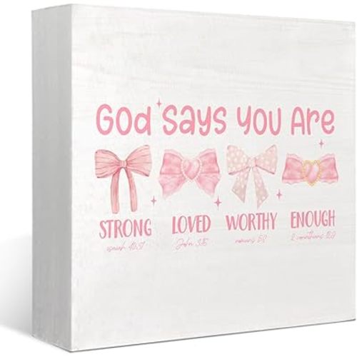 FLVGE Coquette Dorm Decor- Preppy Pink Bow Bible Aesthetic Wooden Box Sign, God Says You Are Loved, Cute Room Decor, Girls Room College Apartment