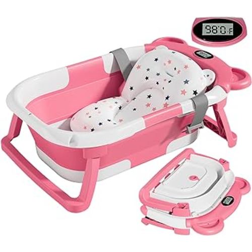 TPN Collapsible Baby Bathtub for Infants to Toddler with Real-time Temp Monitor+Floating Cushion,Foldable Baby Bath Tub Set Applicable 0-36 Month,Perfect Portable Travel Baby Tub for Newborns Girl