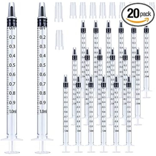 20 Pack 1ml Syringe with Cap for Liquid, 1cc Plastic Small Syringes with Cover, Non-Sterile, No Needle