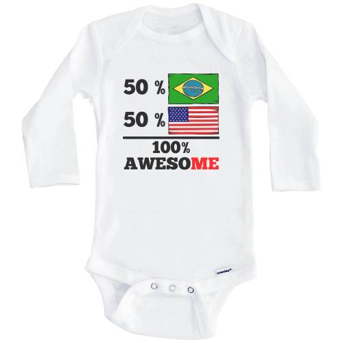 50 Percent Brazilian 50 Percent American 100% Awesome Funny Brazil Flag One Piece Baby Bodysuit (Long Sleeve)