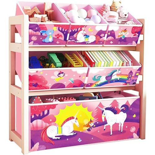 Jomifin Kids Toy Organizer for Boys Girls, 6 Storage Bins Large Storage Capacity Best Toy Storage Solution for Playroom, Nursery (Pink)