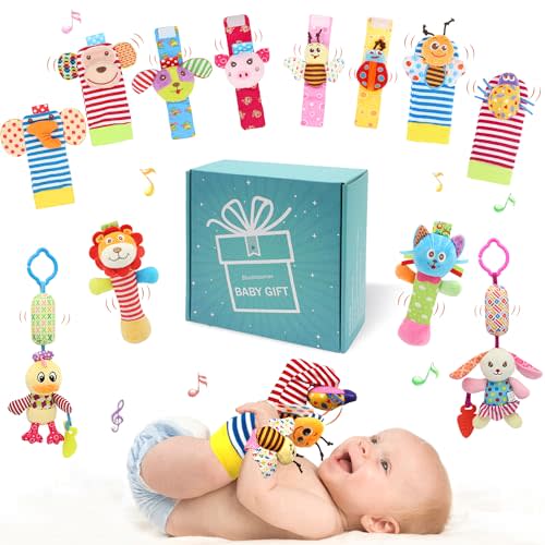 Wrist Rattles Foot Finder Rattle Sock Baby Toy,Rattle Toy,Arm Hand Bracelet Rattle,Feet Leg Ankle Socks,Activity Rattle Present Gift for Newborn Infant Babies Boy Girl Bebe (12 B)