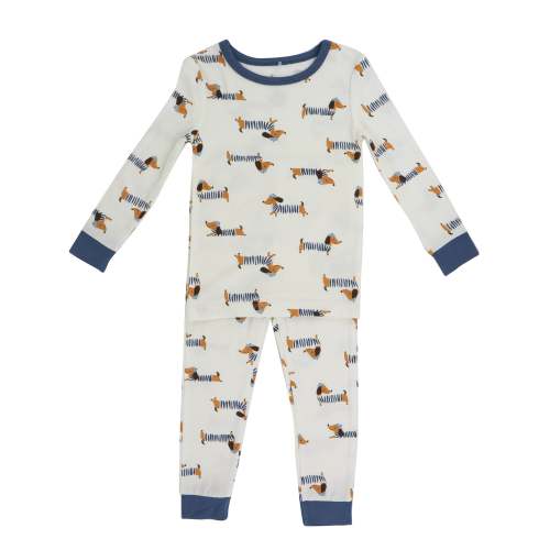Milkberry Soft Bamboo Pajamas Infant Pajama Set for Boys w/ Matching Socks in White Weiner Dog with Hat Pattern - Size 18 Months