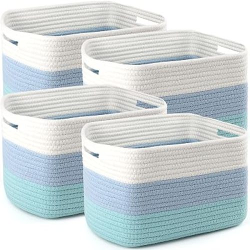 4 Pack Storage Baskets for Organizing, 11''Lx9''Wx8''H Woven Baskets for Storage Toys, Towels, Books, and Clothes, Cotton Rope Basket for Shelves with Handle White & Brown