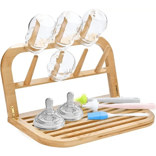 Bamboo Baby Bottle Drying Rack, Space Saving Kitchen Drying Rack & Bottle Holder for Plastic Bag, Cup, Glass, Dish, Accessories, Reusable Ziplock and Freezer Bag Dryer Rack