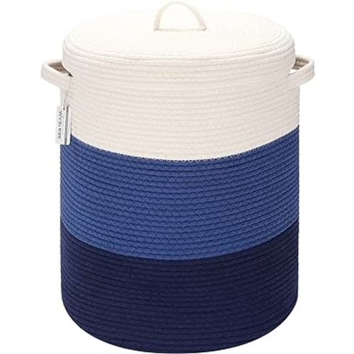 Sea Team Large Size Cotton Rope Woven Storage Basket with Lid, Lidded Laundry Hamper with Handles, Fabric Bucket with Cover, Clothes Toys Organizer for Kid's Room, 16 x 20 inches, White & Navy
