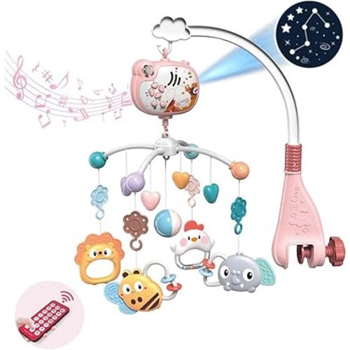 Baby Crib Mobile with Musical, Night Light & Moon Star Projector, Mobile for Crib with Remote Control Timing Function, 360° Rotation Crib Toys for Newborn Infant Boys and Girls(Pink)