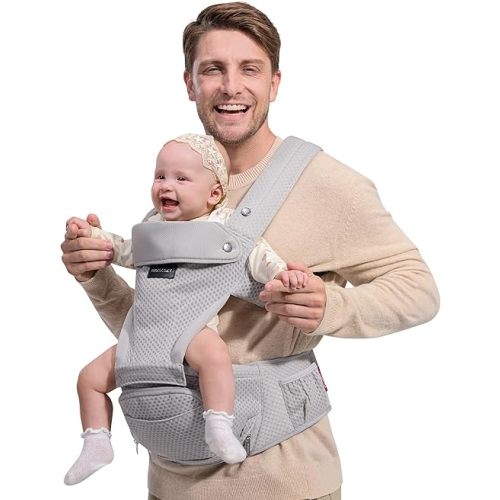 Momcozy Baby Carrier with Hip Seat, 2-in-1 Forward-Facing Carry for Active Babies, Detachable Hands-Free Carrier up to 44lbs, Breathable Infant Carrier Fits Waist Sizes up to 45 Inches, AirMesh Grey