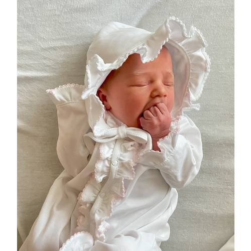 Pima Cotton Baby Bonnets-White with White Trim Bonnet-White w Pink trim Baby Bonnet-Pima Cotton Baby-Traditional Baby Bonnets-Classic Baby