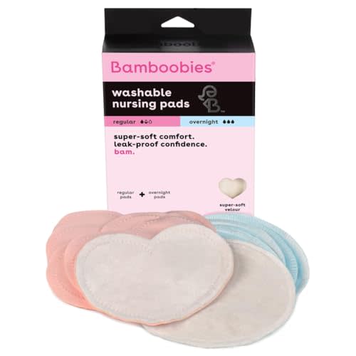 Bamboobies Nursing Pads, Ultra-Soft Velour, Reusable, Washable & Leak-Proof, 6 Ultra-Thin and 2 Overnight Pads for Breastfeeding