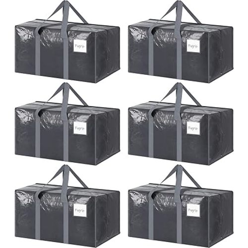 6 Pack Extra Heavy Duty Large Moving Bags with Strong Zipper & Comfortable Handles, Sturdy & Durable Clothes Storage Bags Totes Bins, Packing Moving Boxes for College Supplies, Gray