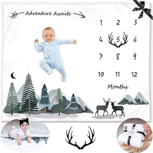 Baby Monthly Milestone Blanket Boy - Milestone Blanket for Baby Boy Includes Felt Frame, Adventure Mountain Month Blanket Woodland Nursery, Baby Shower Baby Milestone Blanket, 50x40