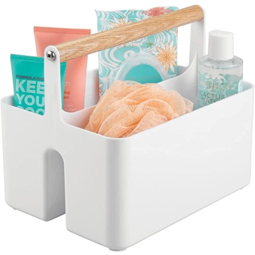mDesign Plastic Portable Shower Caddy Divided Basket Bin Storage Organizer with Bamboo Handle for Bathroom, Dorm, Shelf & Cabinet Holds Shampoo, Conditioner - Aura Collection, White/Natural