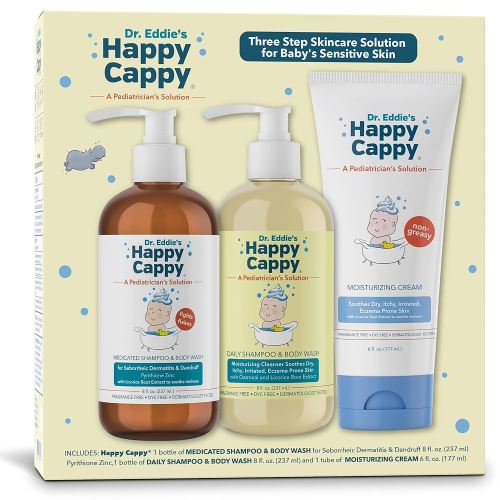 Happy Cappy Three Step Skincare Solution Bundle- Baby Dandruff Shampoo, Eczema Body Wash and Lotion for Kids & Toddlers, Moisturizing Cream, Reduces Itching, Dermatologist Tested, Fragrance-Free
