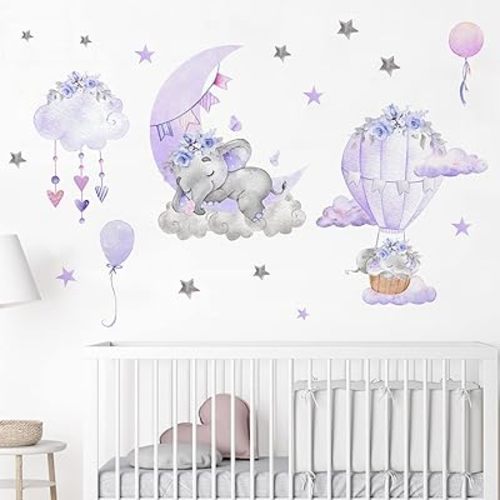 Yovkky Girls Purple Elephant Wall Decals Stickers, Moon Cloud Hot Air Balloon Flower Grey Stars Nursery Decor, Baby Shower Bedroom Decorations Toddler Kids Room Art Party Supply Gift