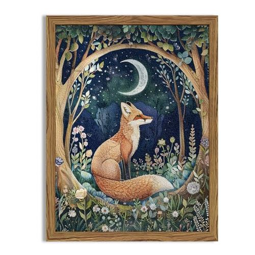Framed 3D Textured Vintage Wall Art - Cottagecore Hand Drawn Sandstone Fox Paintings Wall Decor, Whimsical Forest Animal Floral Botanical Aesthetic for Bedroom Living Room Nursery 12x16 inch