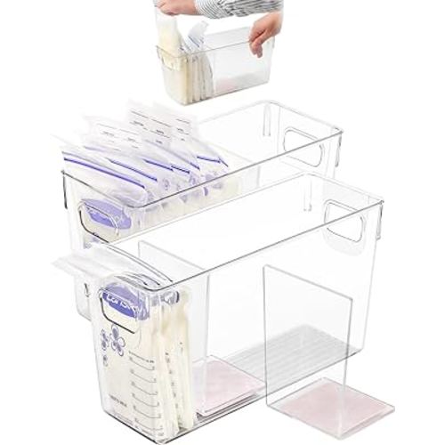 Breastmilk Storage Container with L Shaped Separator Boards, Dividers Will Flatten Standing Breast Milk Bags in Organizer Bins to Save Refrigerator Space | 2 Containers Plus 4 Pink Boards in Total.