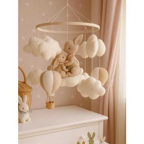 Neutral Bunny Family Baby Mobile -Felt Hot Air Balloon Crib Mobile with Clouds -Handmade Nursery Decor for Baby Boy or Girl-Baby Shower Gift