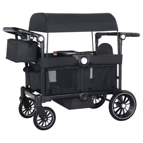 Kinder King Folding Wagon Stroller for 2 Kids, Adjustable Handle, All-Terrain Shock-Absorbing Wheel, Detachable Tray, Diaper Bag, Black