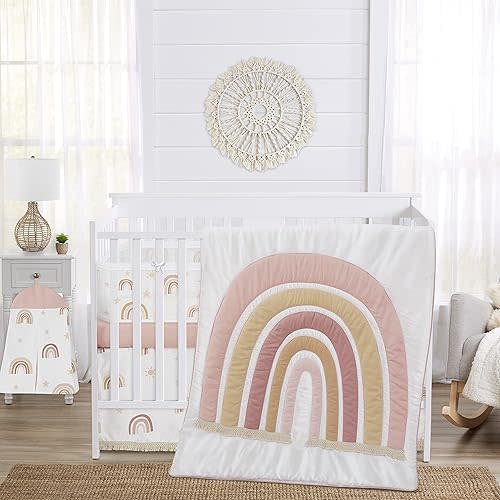 Sweet Jojo Designs Boho Rainbow Girl Baby Crib Bedding Set Infant Nursery BreathableBaby Breathable Mesh Crib Liner Blanket Sheet Skirt 6 PC Blush Pink Yellow Bohemian Neutral Vintage Mauve Stars Sun
