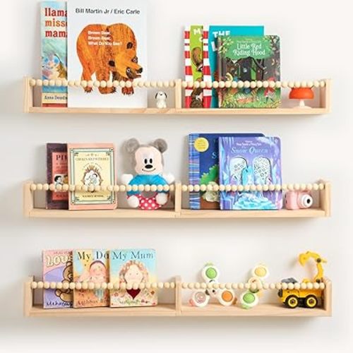 32 Inch Floating Shelf with Wooden Bead Design - Solid Pine Wall Mounted Bookshelf, Child-Safe Nursery Storage for Kids Room Decor, Set of 3
