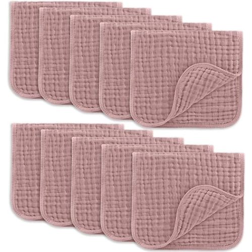 Comfy Cubs Muslin Burp Cloths Set Large 100% Cotton Hand Washcloths for Babies, Baby Essentials 6 Layers Extra Absorbent and Soft Boys & Girls Baby Bibs & Burp Cloths Set (Mauve, 10-Pack, 20" X10")