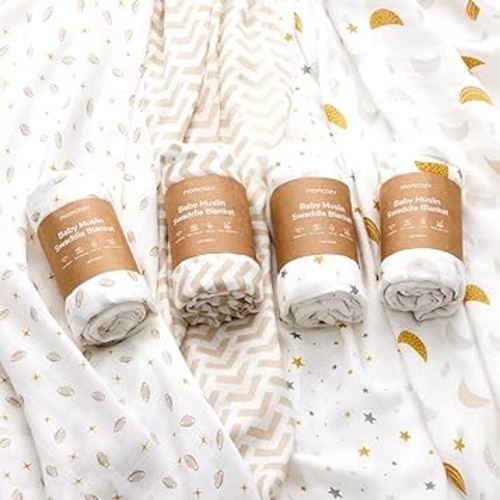 Momcozy Muslin Swaddle Blankets, 4 Pack, Ultra Soft, Neutral Matching, Breathable 2-Layer Gauze Large 47'' x 47'' Baby Swaddling Receiving Blanket Wraps for Newborn Boys Girls, Star