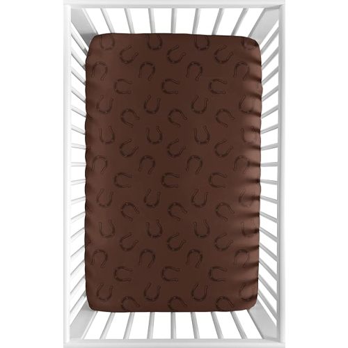 Sweet Jojo Designs Chocolate Brown Boy Fitted Mini Crib Sheet Baby Nursery Infant Newborn Bed Room Portable Pack n Play Mattress Horseshoe Print for Western Cowboy Wild West Southern South Country