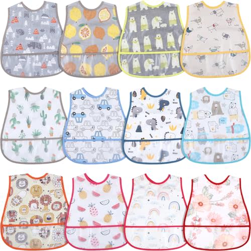 Jeyiour 12 Pcs Baby Waterproof Bibs with Food Catcher Adjustable Snaps Plastic Feeding Bibs for Toddlers, 6 to 36 Months