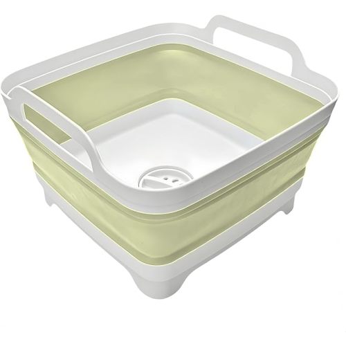 Collapsible Wash Basin 9L, Foldable Dish Tub with Drain Plug, Portable Collapsible Dish Basin, Camping Sink for Washing Dishes, Laundry & Kitchen Use (Green)