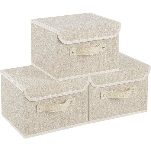 Fabric Storage Bins Cube Organizers with Flip-Top Lid and Handles,Storage Boxes for Organizing Home,Office,and Closet,Grey and Beige,3 Pack 10.2 X 7.9 X 6.7 in