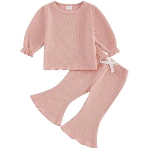 fhutpw Infant Girl Clothes Lantern Sleeve Solid Top and Flared Pants Sets Baby Newborn 6 12 18 Months 2T Fall Winter Outfits