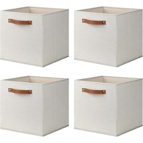 13x13x13 Storage Cube Bins, Foldable Fabric Organizer Bins Storage Cubes Baskets Box Drawers for Shelves, Closet, Wardrobe, Bookshelf, 4 Pack, Beige