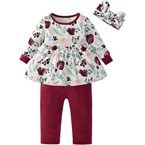 3PCS Baby Girl Clothes Ruffle Floral Shirt Tops Pants Headband Outfit Sets