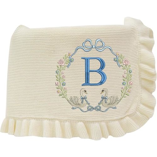Personalized Swan Baby Blanket with Custom Initial Embroidery, Floral Knit Blanket for Newborn Girl, Elegant Nursery Decor and Keepsake Gift