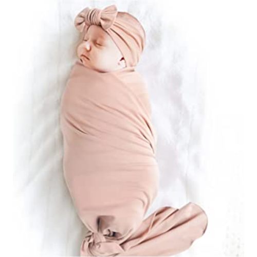 Konssy Baby Girl Newborn Receiving Blanket with Headband Set Baby Swaddle Nursery Swaddle Wrap(Millenial Pink)