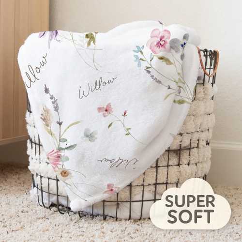 Pretty Wildflower Floral Personalized Baby Girl Name Blanket, Shower Gift