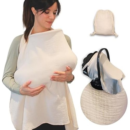 Muslin Cotton Nursing Cover – Breathable & Soft with Removable Hoop, Arch Neckline for Easy Breastfeeding, Versatile Cover for Nursing, Stroller & Car Seat (Vanilla)