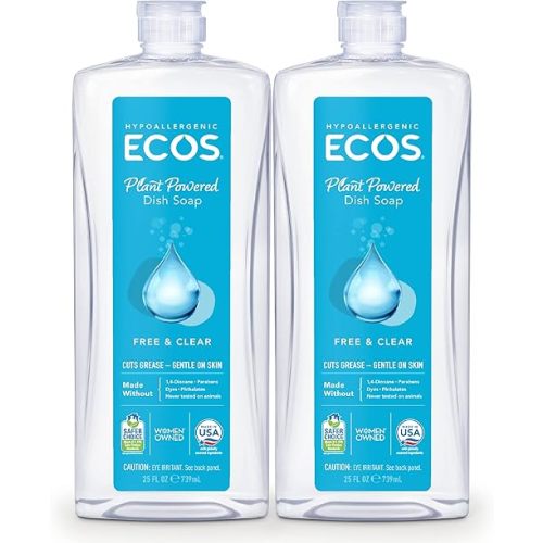 ECOS Hypoallergenic Dish Soap, Free & Clear, 25 Fl Oz (Pack of 2)
